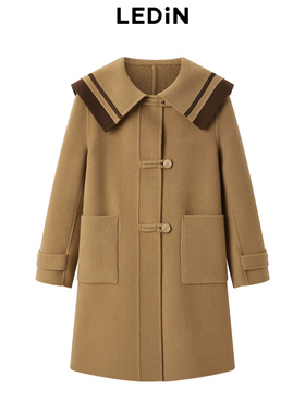 乐町2025冬季新款学院风毛呢大衣秋冬牛角扣中长款外套C1AAD4228
