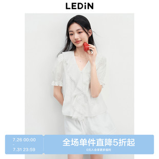 乐町纯棉甜美少女泡泡袖 上衣2025年夏季 新款 v领显瘦打揽设计短袖