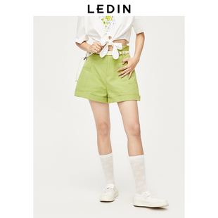 女夏绿色中短裤 乐町卷边高腰短裤 C2GCD2301 商场同款