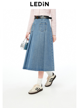 【商场同款】乐町双口袋牛仔长裙2024年秋季新款百褶裙C1HFE3332