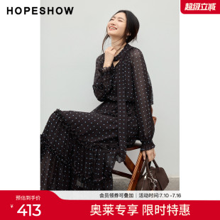 红袖2026春季新款女装 波点印花飘带木耳边拼接长袖长款连衣裙
