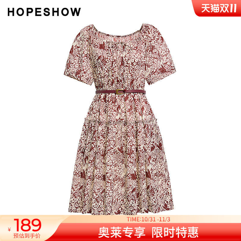 红袖2025秋季新款女装 100棉花卉印花系带拼接短袖圆领套头连衣裙
