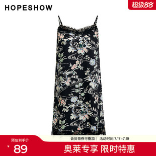 红袖2024秋季新款女装 花卉印花蕾丝拼接浅V领吊带连衣裙