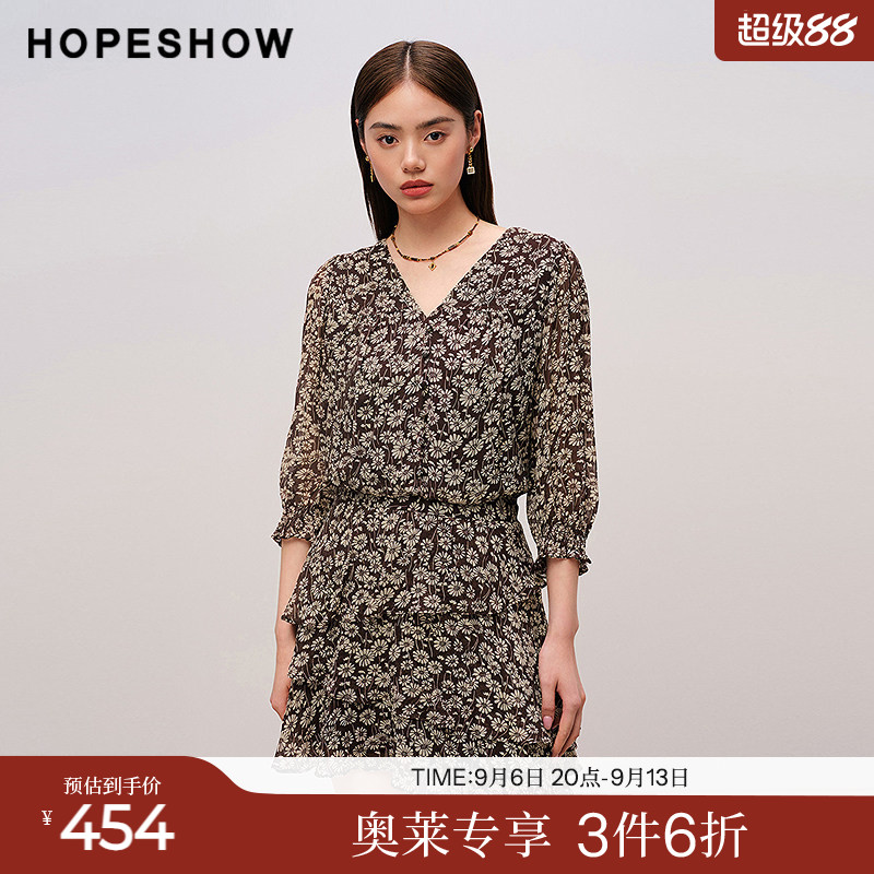 红袖2025秋季新款女装 花卉印花不对称荷叶边拼接中袖V领连衣裙