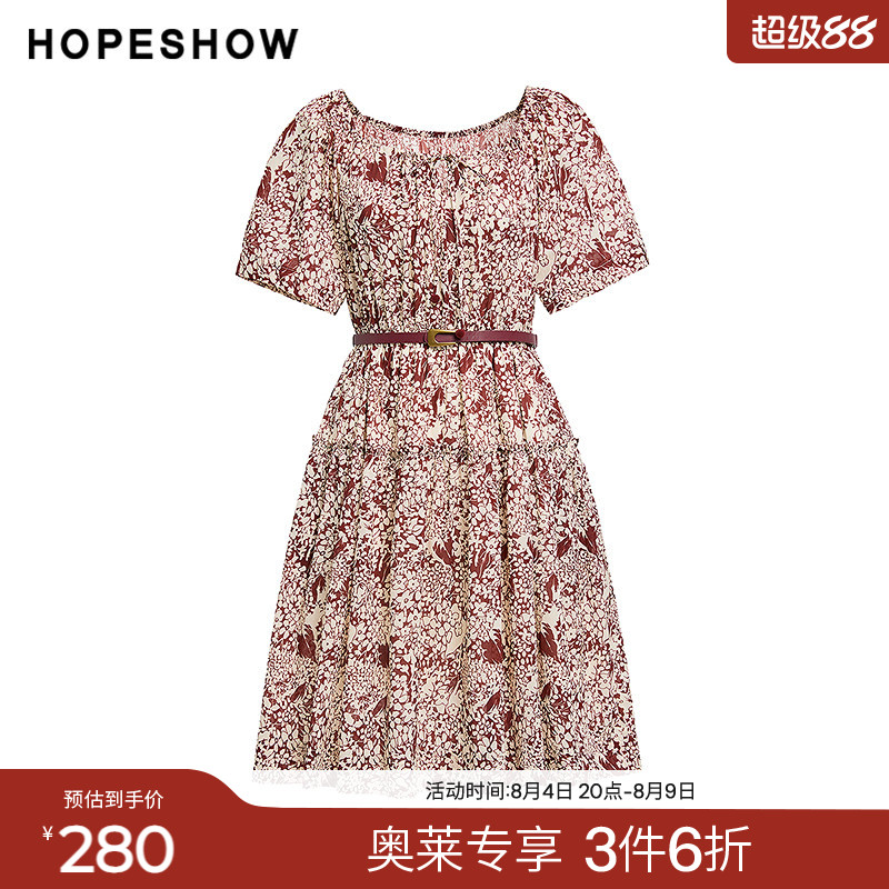 红袖2025秋季新款女装 100棉花卉印花系带拼接短袖圆领套头连衣裙