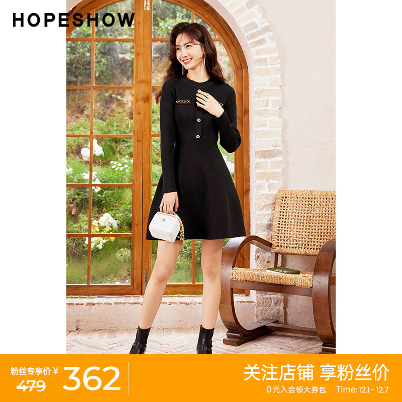 红袖outlets香风圆领淑女裙hopeshow2022冬季新款收腰显瘦连衣裙