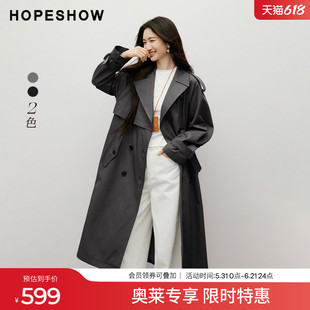 红袖2025秋季新款女装 系带双排扣插肩袖翻驳领中长风衣外套