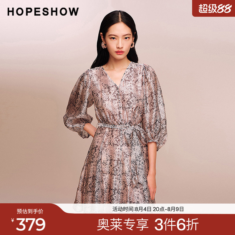 红袖2025秋季新款女装 佩斯利印花系带正肩中袖V领侧拉链连衣裙