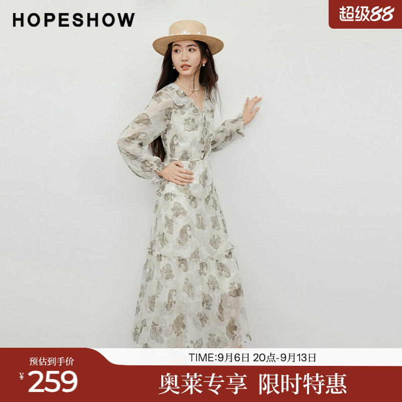 红袖2025秋季新款女装【蔓染之韵】印花荷叶边串珠系带连衣裙