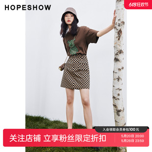 新款 红袖 短裙hopeshow2023秋季 棋盘格A字裙 outlets张嘉倪同款 女装