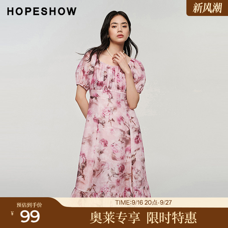 红袖秋季新款女装玫瑰印花侧拉高腰方领连衣裙
