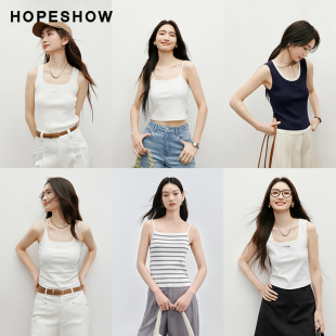 条纹撞色U领无袖 红袖 女装 新款 针织背心上衣 夏季