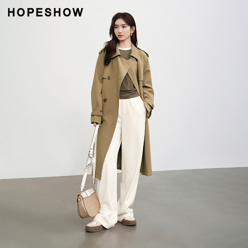 红袖经典款H型翻领长款风衣hopeshow2024春季新款落肩双排扣外套