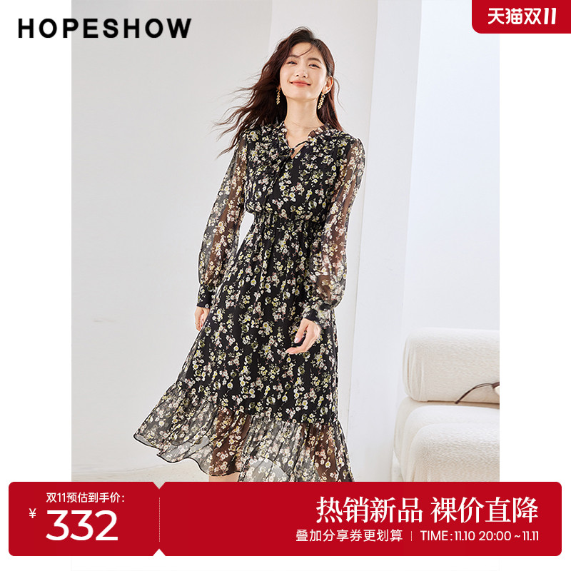 红袖outlets木耳边雪纺连衣裙hopeshow2023秋装新款收腰系带裙子