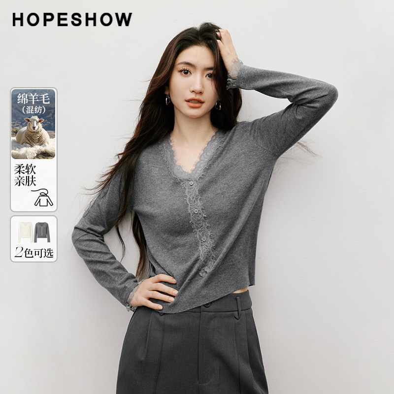 红袖2025秋季新款女装 Y字睫毛蕾丝拼接正肩长袖V领短款针织上衣