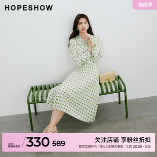 新款 红袖 法式 飘带领套头连衣裙hopeshow2024春季 波点压褶长裙女