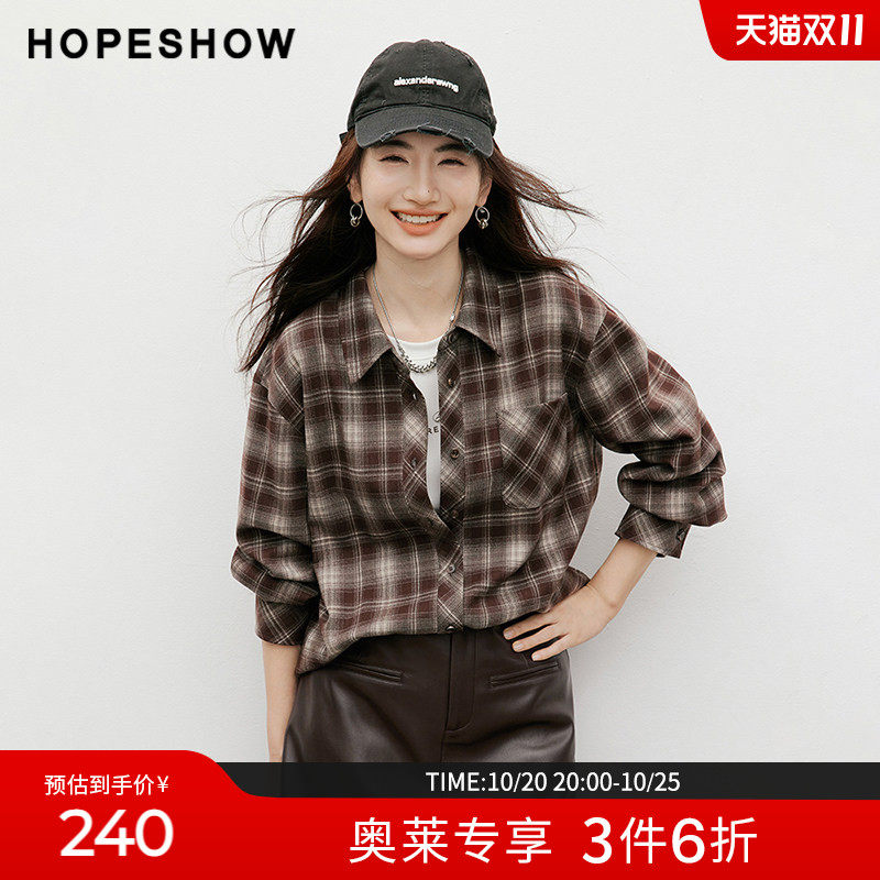 红袖2025冬季新款女装 撞色格纹不对称单排扣落肩翻领衬衫
