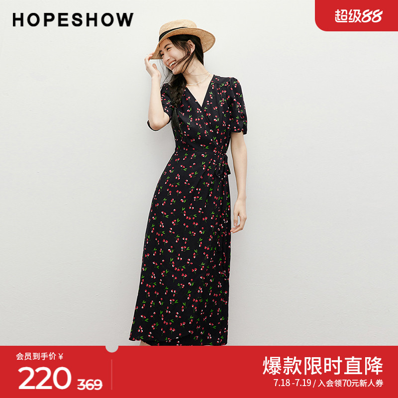 红袖2025夏季新款女装【复古樱桃】收腰围裹式V领套头连衣裙