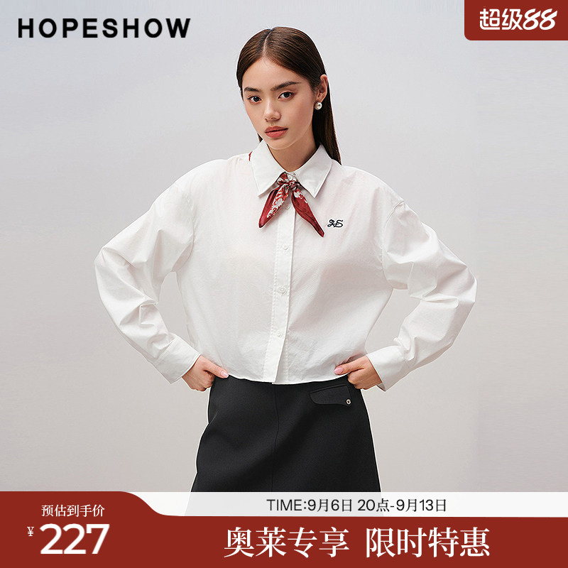 红袖2025秋季新款女装 撞色刺绣单排扣落肩长袖翻领短款衬衫