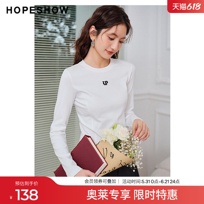 红袖outlets主题绣T恤hopeshow春季新款女正肩圆领套头打底衫