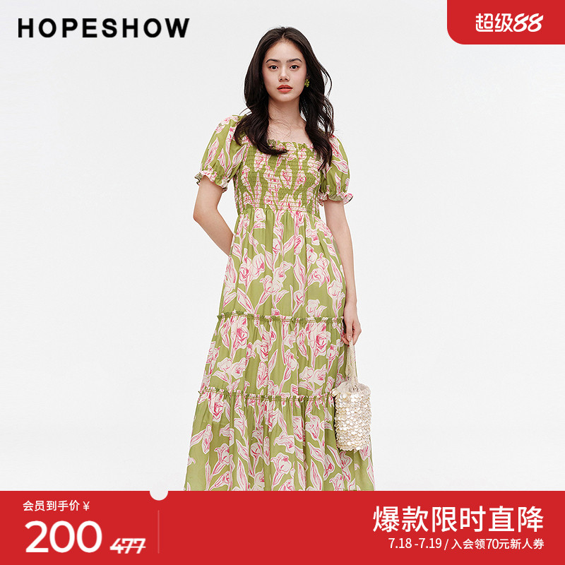 红袖outlets2024夏季新款女装度假风印花收腰方领套头连衣裙
