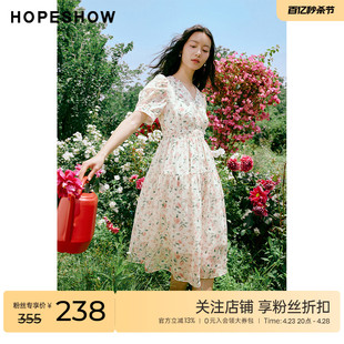 新款 泡泡袖 outlets粉丝碎花裙hopeshow2023夏季 红袖 收腰雪纺裙女