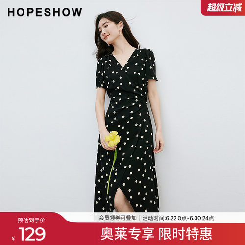 红袖波点泡泡袖V领连衣裙hopeshow2024夏季新款收腰显瘦套头裙子