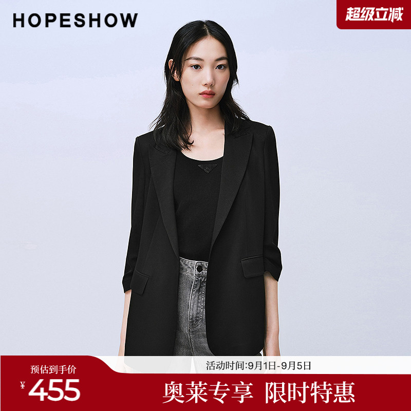 红袖2025夏季新款女装 捏褶拼接结构线正肩七分袖枪驳领西装外套图片