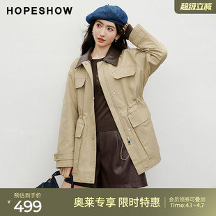红袖 新款 女装 巴恩风撞色PU翻领抽绳落肩风衣外套 2025秋季