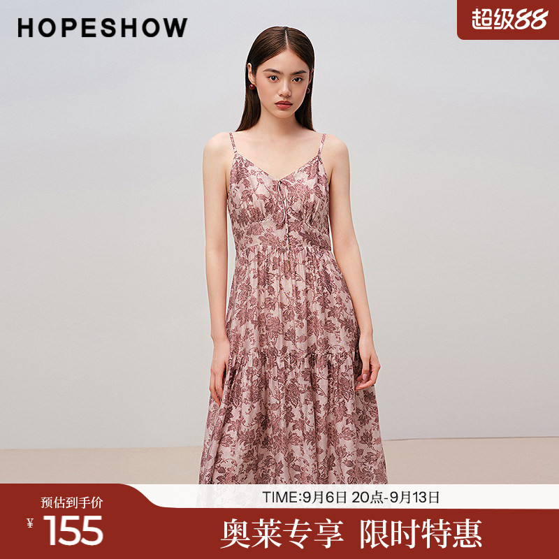 红袖2025秋季新款女装 花卉印花系带打揽浅V领中长吊带连衣裙