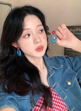 海边港风蓝色耳环女多巴胺度假风耳钉小众设计感复古夸张耳夹耳饰