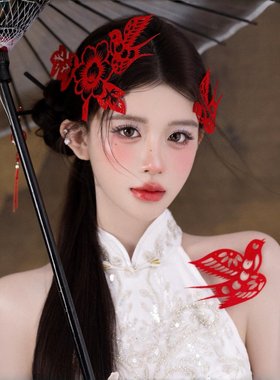 新中式头饰新年红色发饰2026马年中国风穿搭装扮氛围装扮拍照道具