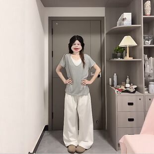 灰色短袖t恤女夏2026新款正肩v领慵懒风掐腰修身显瘦慵懒风V领