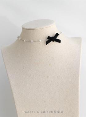 小众甜美法式浪漫复古蝴蝶结贝珠项链女锁骨链脖子饰品颈带choker