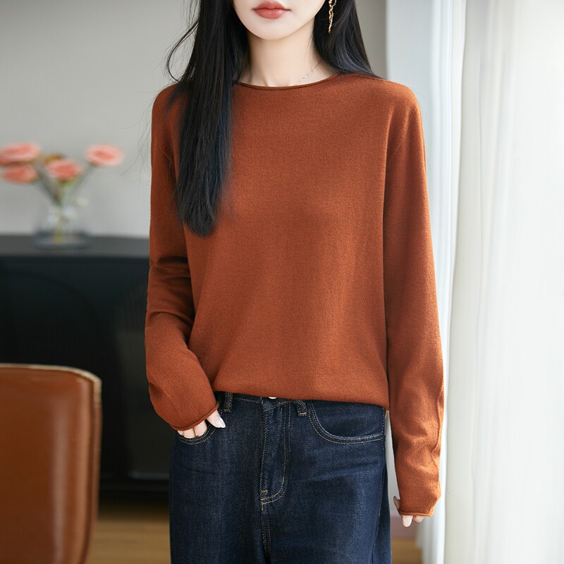 简约风圆领针织衫女宽松薄款套头打底衫软糯遮肉毛衣