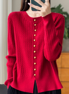 圆领针织衫打底内搭绒条纹毛衣秋冬女宽松上衣新年款