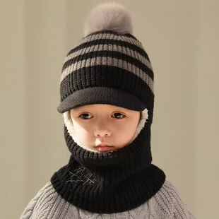 儿童帽子针织围脖一体秋冬女孩加绒加厚防风户外套头毛线帽子男童