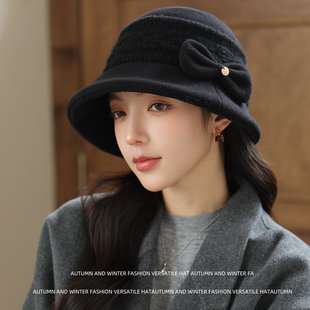 帽子女秋冬季中年妈妈保暖盆帽蝴蝶结休闲渔夫帽优雅气质英伦礼帽