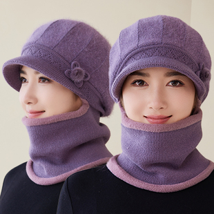中年妈妈帽子女冬季加绒加厚保暖围脖一体毛线帽骑车防风防寒棉帽