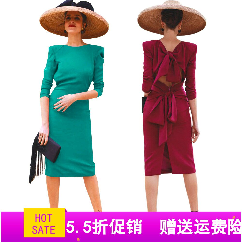 亞馬遜新款純色後背綁帶蝴蝶結開叉連衣裙修身包臀長袖鉛筆晚禮服在類目 女裝/女士精品, 大碼女裝中 - 來自Buy2taobao.com提供專業的淘寶代購服務