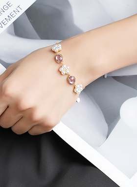 堤喜品牌纯银珍珠花瓣粉钻 轻奢气质时尚手链 高级感百搭款