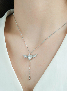 堤喜纯银天使翅膀吊坠项链镶钻