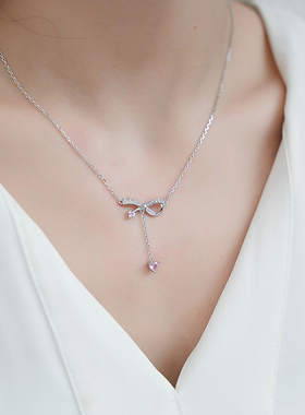 堤喜纯银蝴蝶结项链粉色爱心