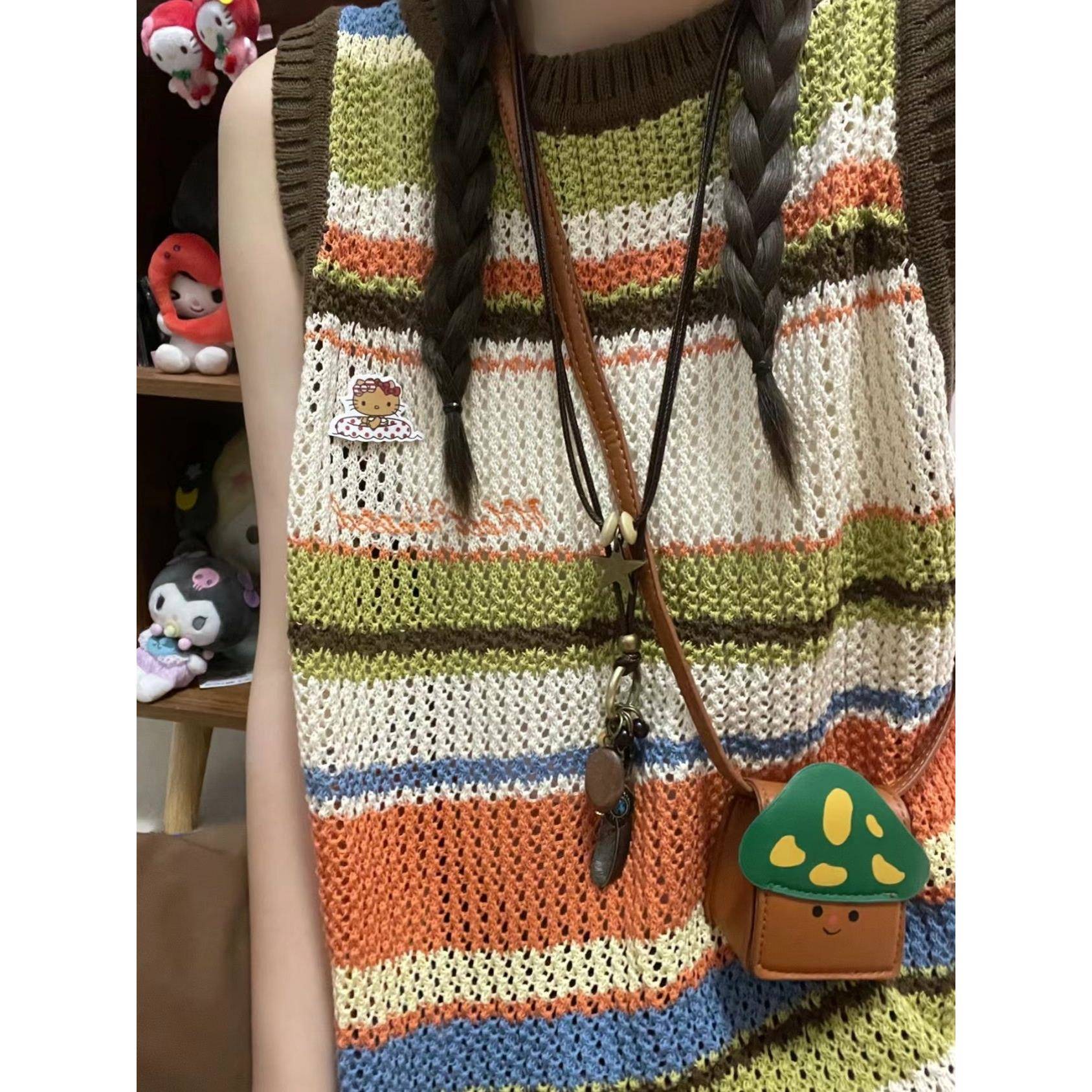 超软糯！撞色条纹镂空针织背心女春装新款韩版宽松叠穿无袖马甲潮