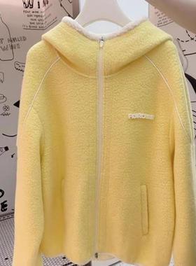 高级黄色连帽摇粒绒羊羔毛厚外套女2024新款爆款外穿保暖长袖卫衣