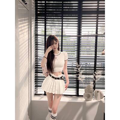 Lovedeath【纯白玫瑰】韩系圆领短袖针织上衣女+高腰百褶裙裤短裙