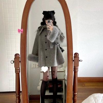 赫本风灰色毛呢外套女秋冬季新款中长款蝴蝶结呢子斗篷大衣小个子