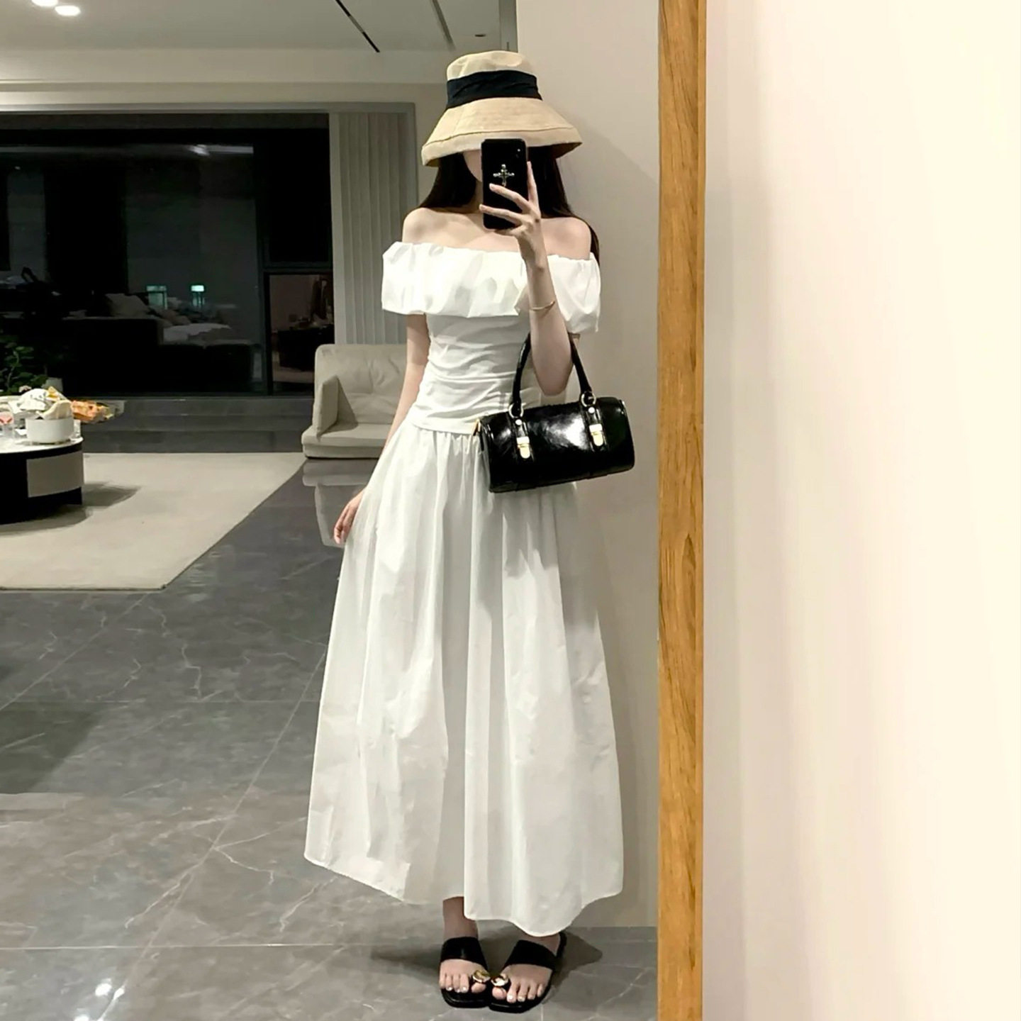 白色一字肩上衣女款夏露