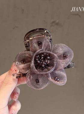 网红高级感复古欧根纱水钻花朵抓夹仙气紫色布艺鲨鱼夹优雅盘发夹