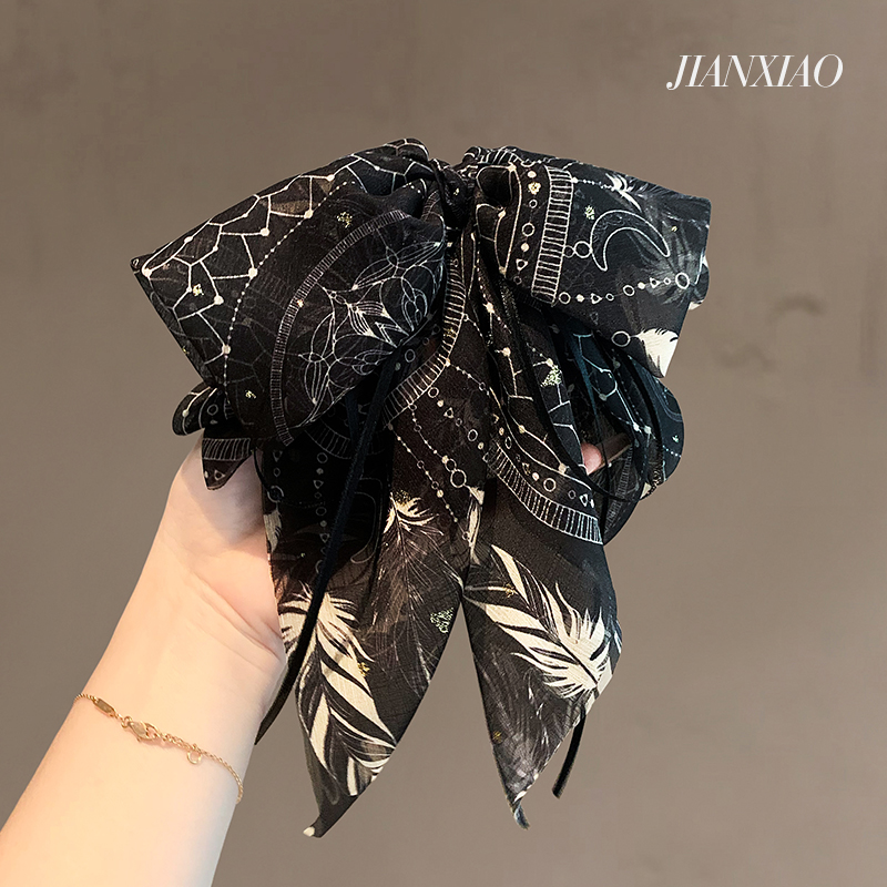 法式复古气质印花马尾抓夹高级感雪纱盘发夹子精致扎头饰优雅发卡